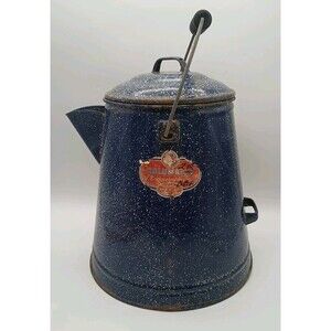 Columbian Enamelware Large Cowboy Coffee Pot Blue Speckled Handled